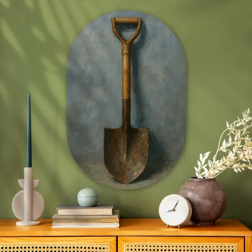 Schep - Gereedschap - Schilderij Wandcirkel Ovaal Glas middel -sfeer2