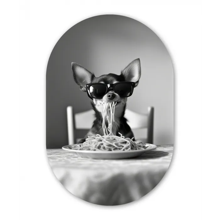 Chihuahua - Hond - Zonnebril - Humoristisch - Zwart - Wit - Spaghetti Wandcirkel Ovaal Glas middel -3d