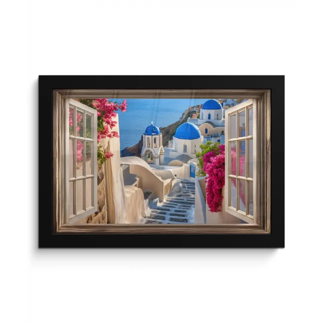 Doorkijk - Santorini - Landschap - Blauw - Grieks fotolijst zwart zonder passe partout klein -3d