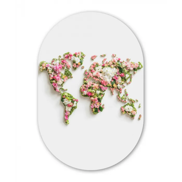 Wereldkaart - Bloemen - Subtiel Wandcirkel Ovaal Glas middel -3d