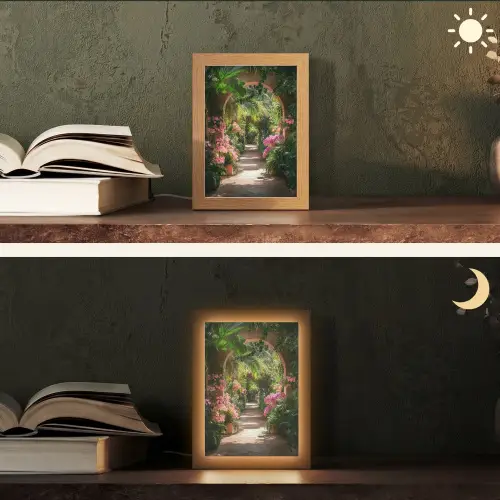 Doorkijk - Tropisch - Bloemen - Natuur Light Box met kabel (Tafellamp) klein -sfeer3