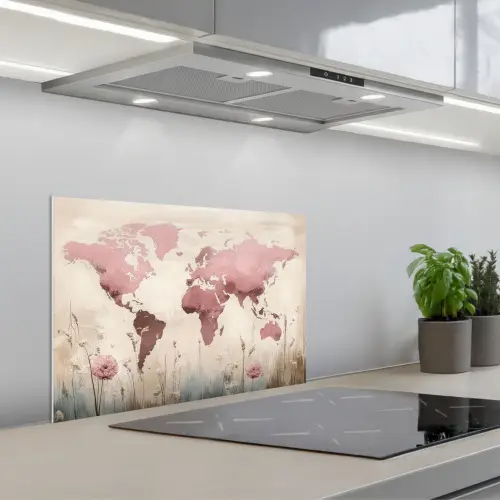 Wereldkaart - Roze - Bloemen keuken achterwand spatscherm klein -3d_schuin