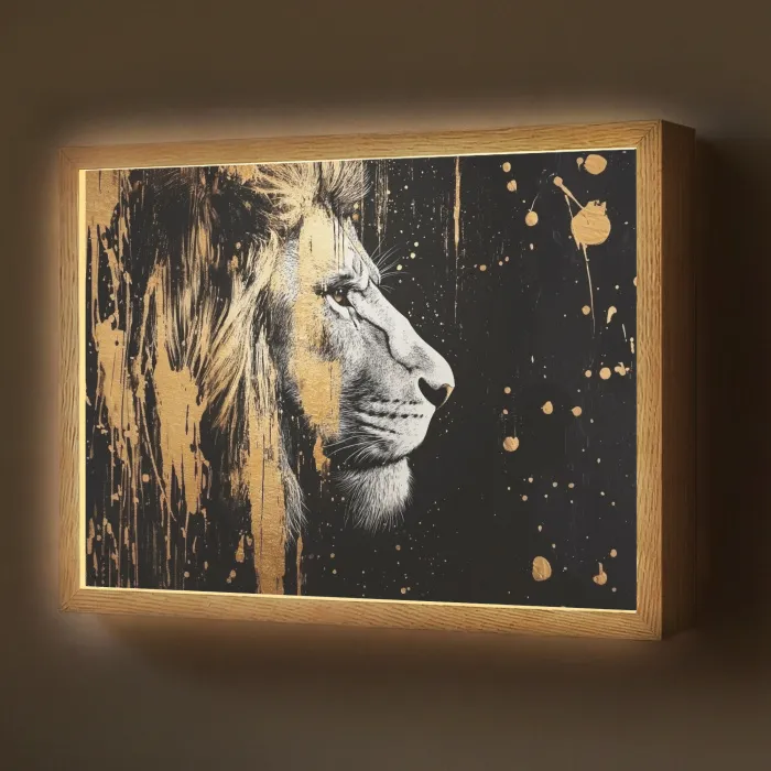 Portret - Leeuw - Abstract - Goud Light Box met batterij (Wandlamp) middel -z3d_website