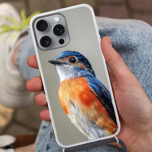 Kleurrijk - Vogeltje - Veren - Blauw Hoesje iPhone 16 Pro Max met koord klein -sfeer3