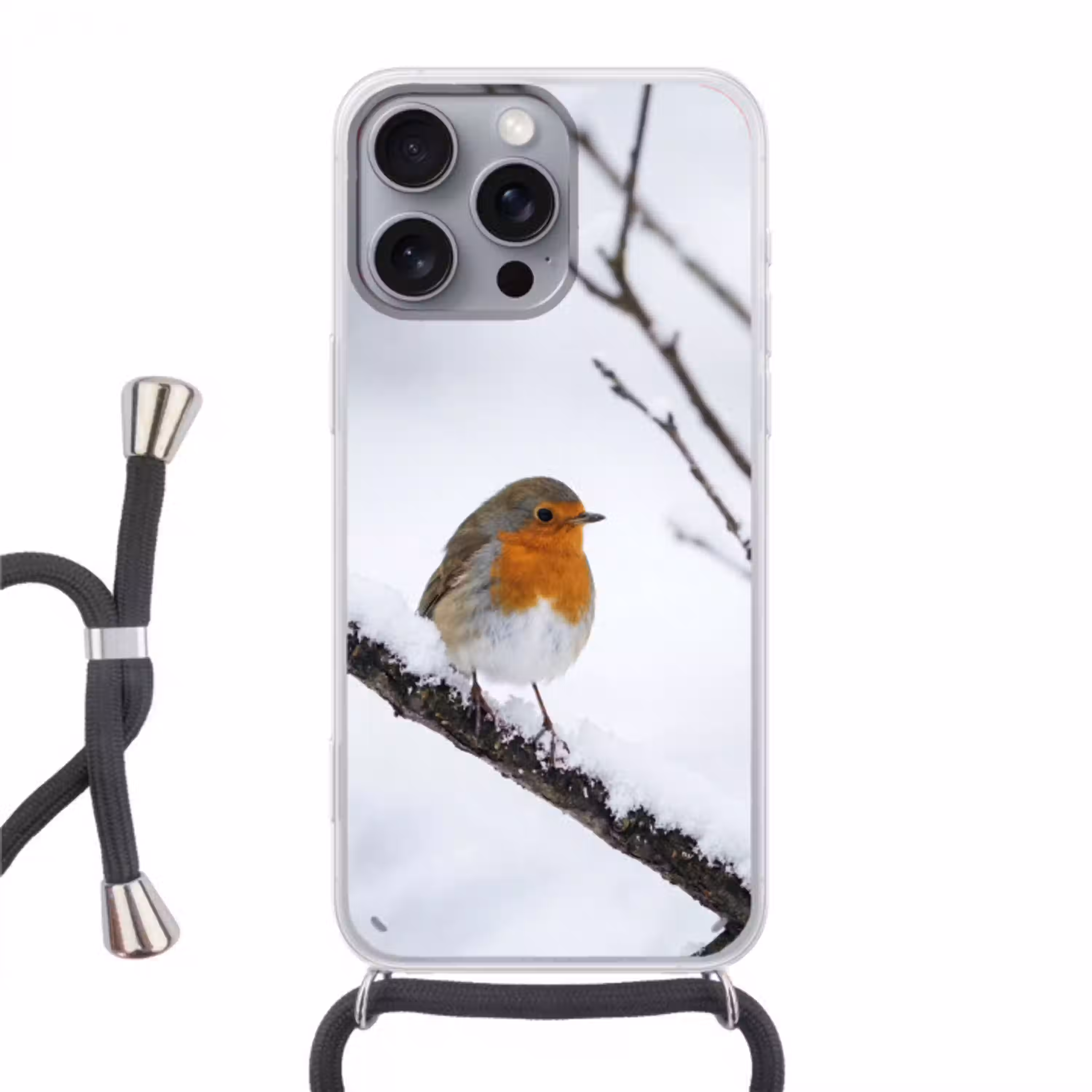 Roodborstje - Tak - Sneeuw - Winter - Levendig Hoesje iPhone 16 Pro Max met koord klein -3d