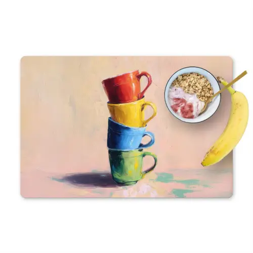 Mokken - Gestapeld - Keramiek - Kleurrijk Placemat vinyl groot -zzzproduct_Kitchenyeah-website