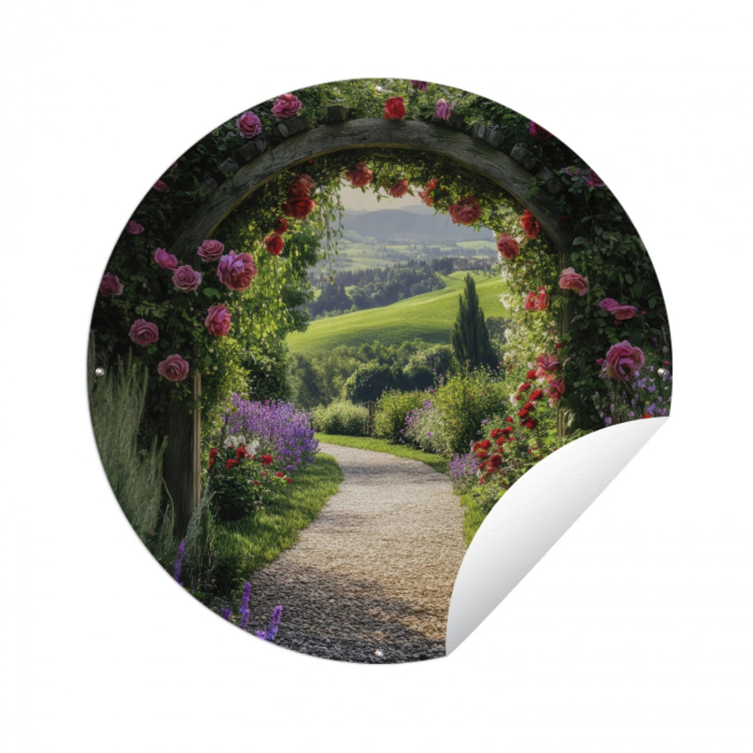 Doorkijk - Tuinboog - Bloemen - Natuur - Pad Wandcirkel tuinposter met ringen klein -3d