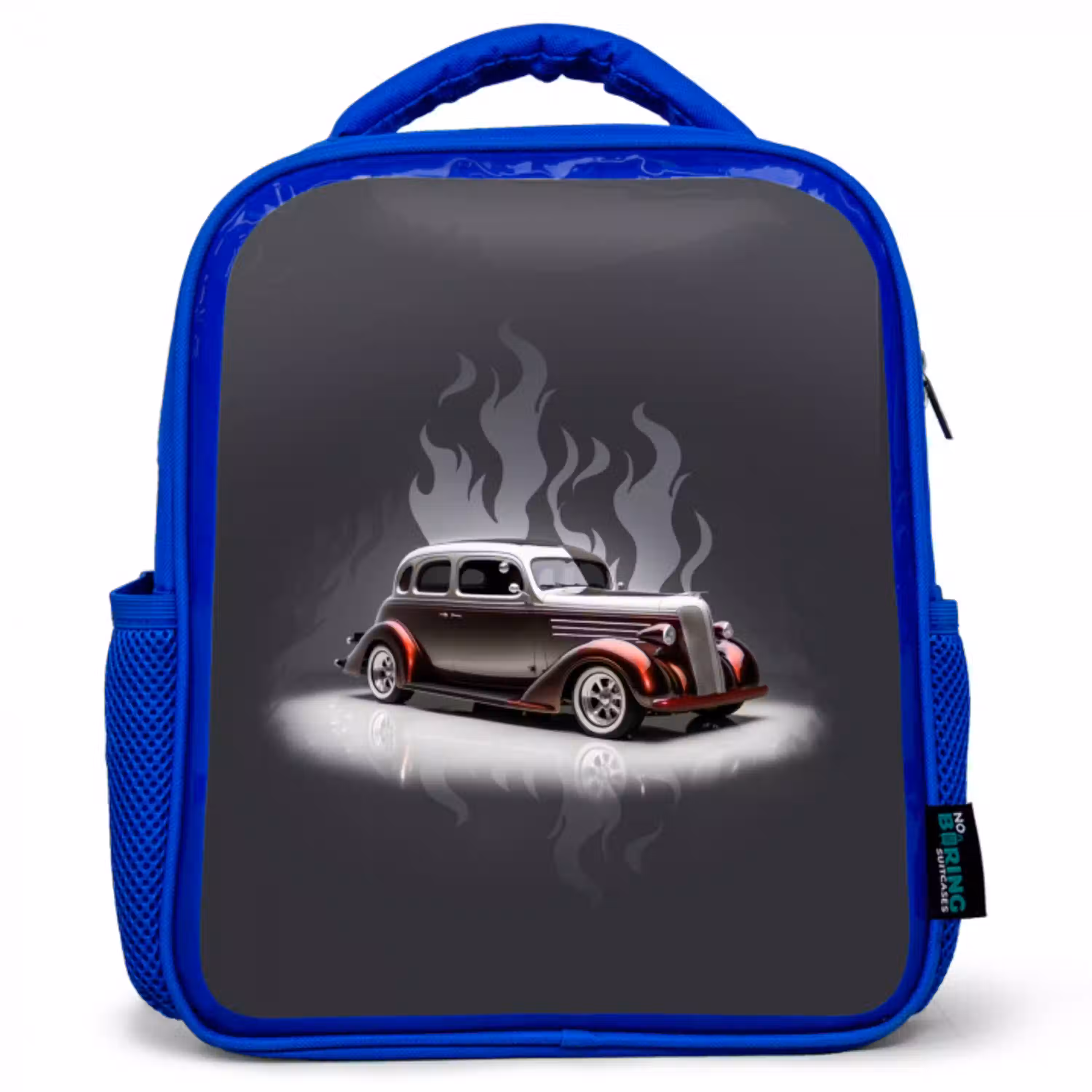 Grijze auto met grijze vlammen Kinderrugzak - Blauw middel -3d