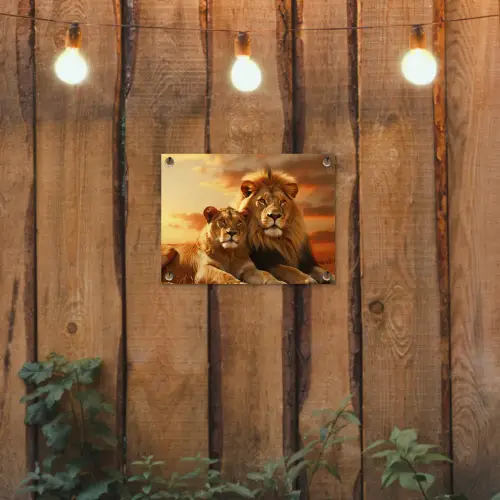 Leeuwenpaar bij zonsondergang tuinposter los doek klein -sfeer1