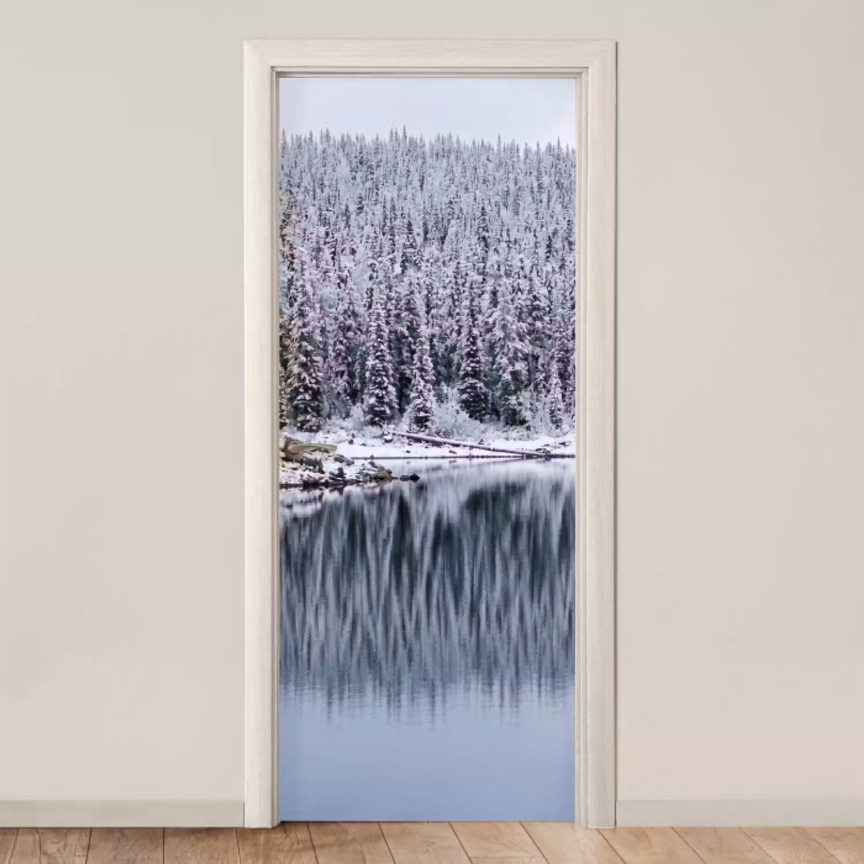 Bos - Reflectie - Meer - Winter - Serene deurposter klein -3d_beige