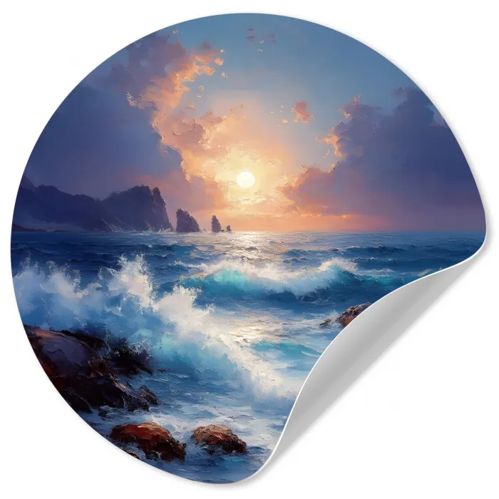 Golven - Zee - Kleurrijk - Rotsen Wandcirkel behangsticker klein -3d