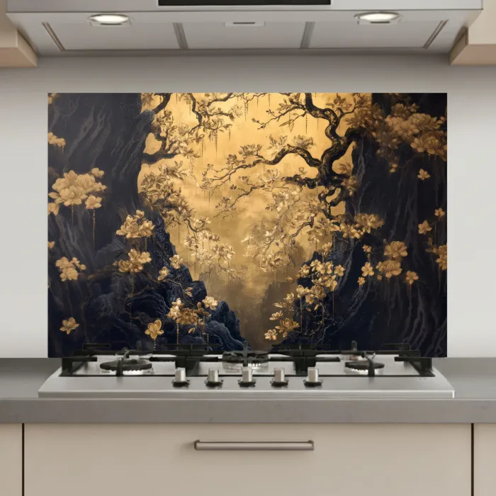 Bloemen - Takken - Goud - Sierlijk keuken achterwand spatscherm klein -3d_website