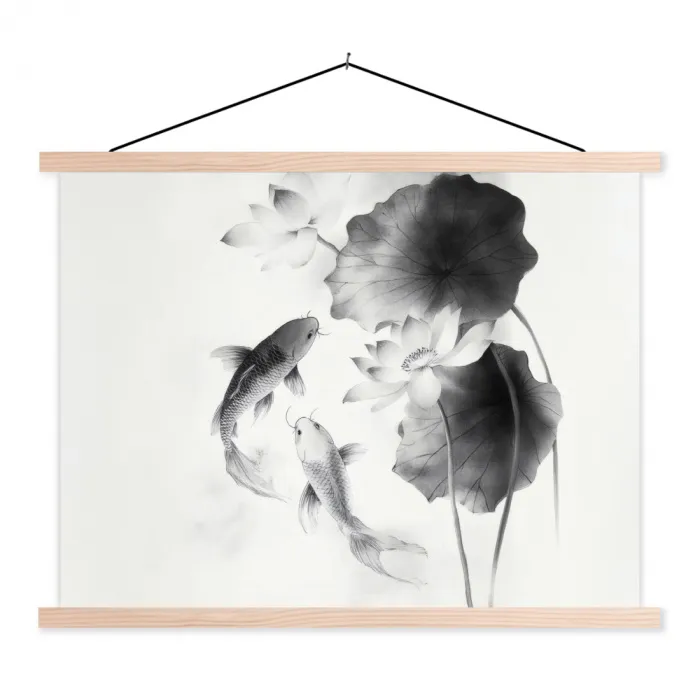 Lotusbloemen - Vissen - Bladeren - Zwart textielposter latten blank klein -3d