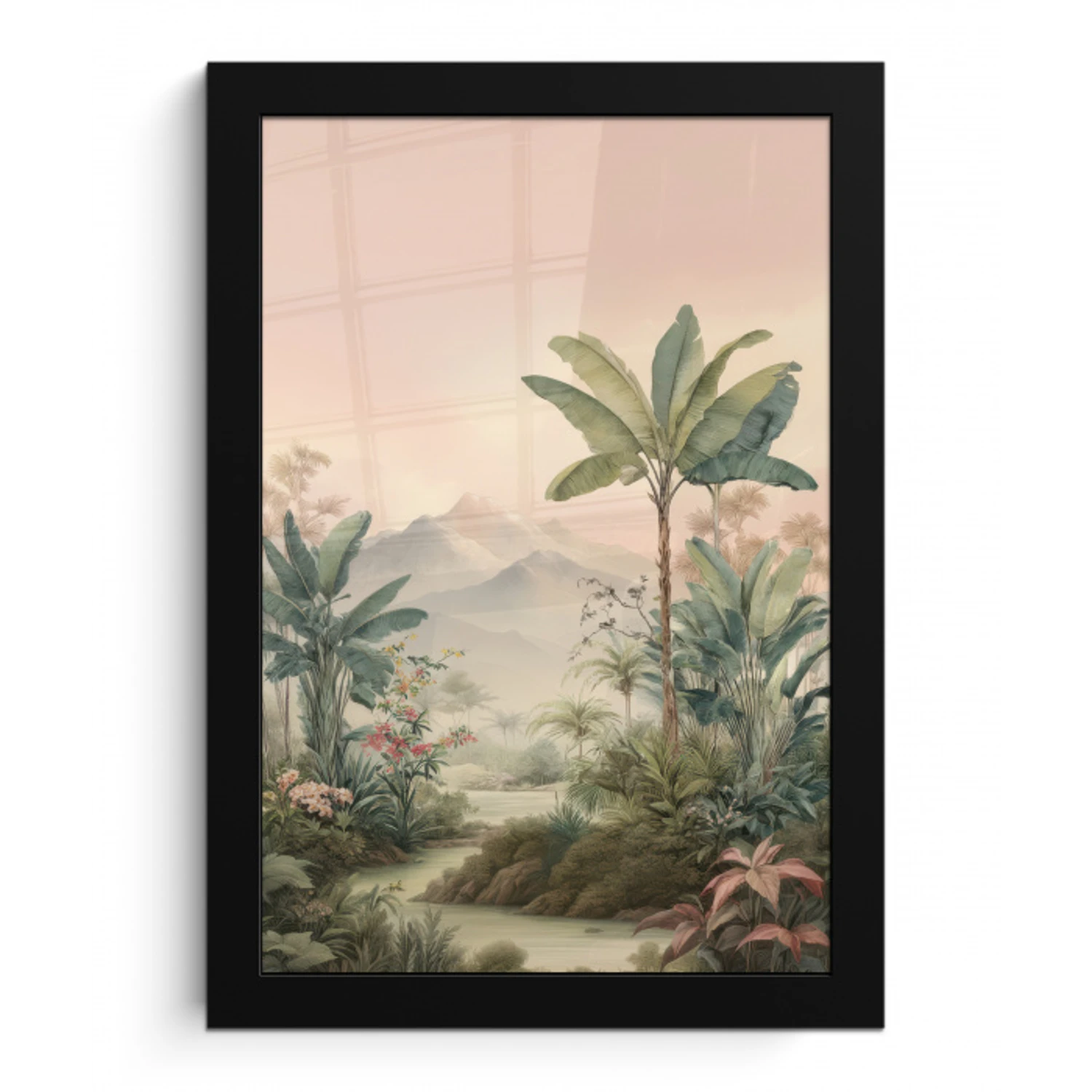 Tropisch landschap - palmbomen - Bloemen - Roze lucht fotolijst zwart zonder passe partout klein -3d