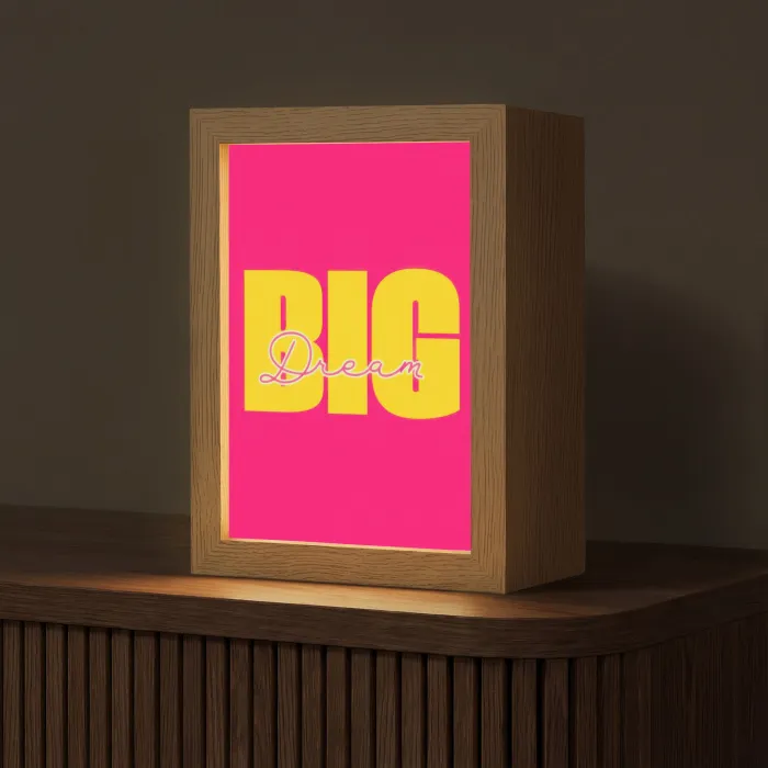 Dream big - Roze - Geel - Minimalistisch Light Box met kabel (Tafellamp) klein -z3d_website