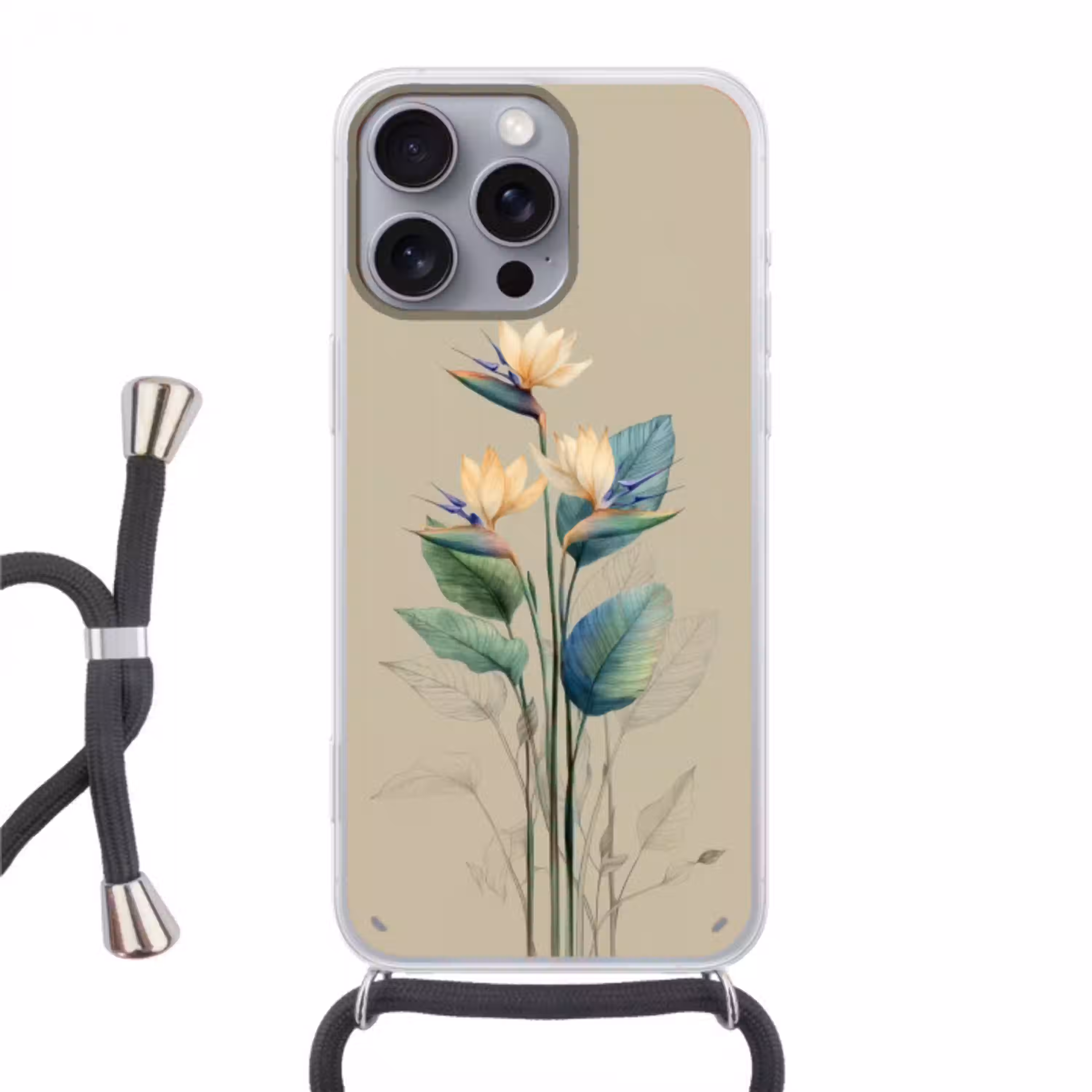 Paradijsvogelbloemen - Blauwgroene bladeren - Beige Hoesje iPhone 16 Pro Max met koord klein -3d