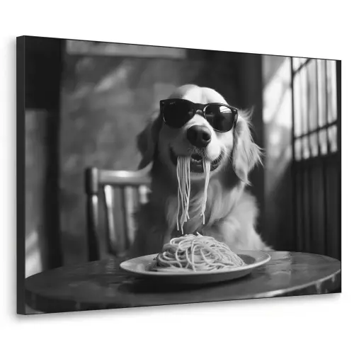 Golden Retriever - Hond - Vrolijk -  Bord spaghetti - Zwart - wit Textielframe zwart klein -3d