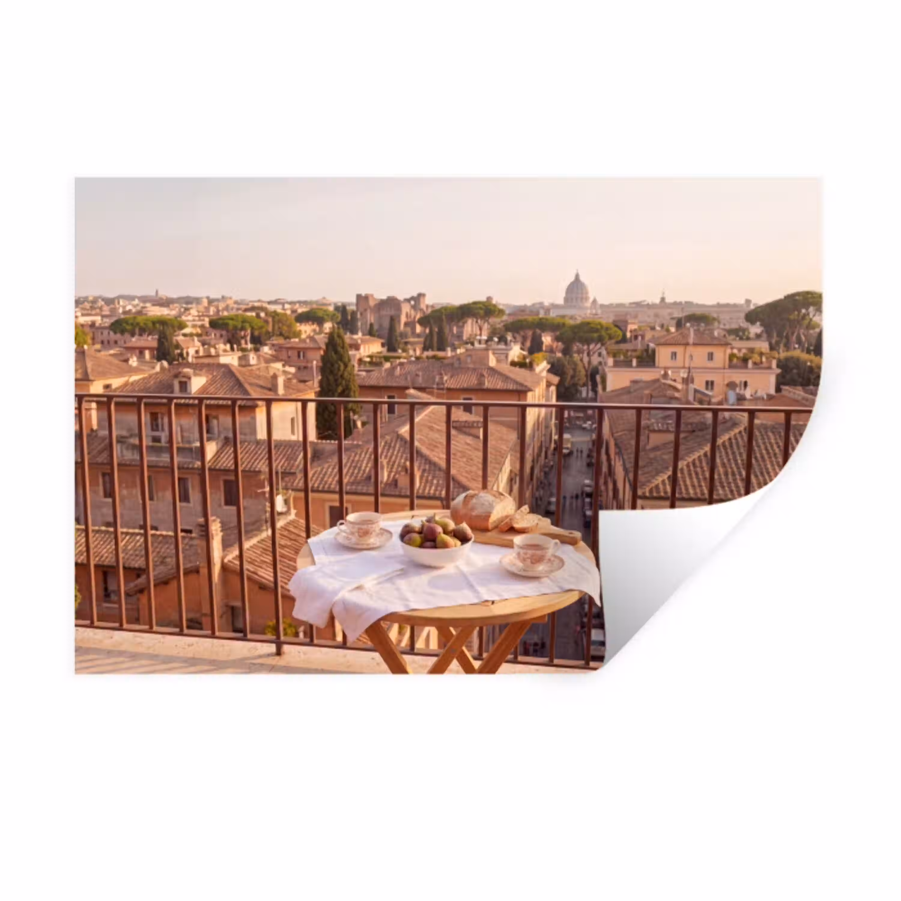 Eten - Ontbijt - Balkon - Stad - Zonsopgang Muursticker klein -3d
