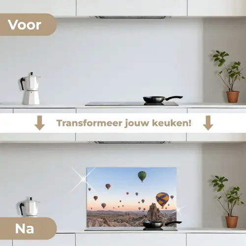 Luchtballonnen - Rotsen - Zonsopgang keuken achterwand spatscherm klein -voor_na_NL