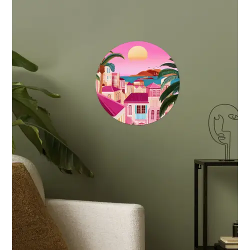 Stad - Roze - Palmbomen Wandcirkel behangsticker klein -sfeer2
