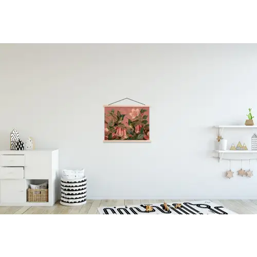 Kolibries - Bloemen - Groen - Roze textielposter latten blank klein -kinderkamer