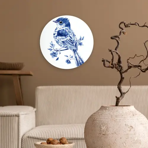 Vogel - Delfts blauw - Illustratie - Bloemen Wandcirkel plexiglas klein -sfeer1