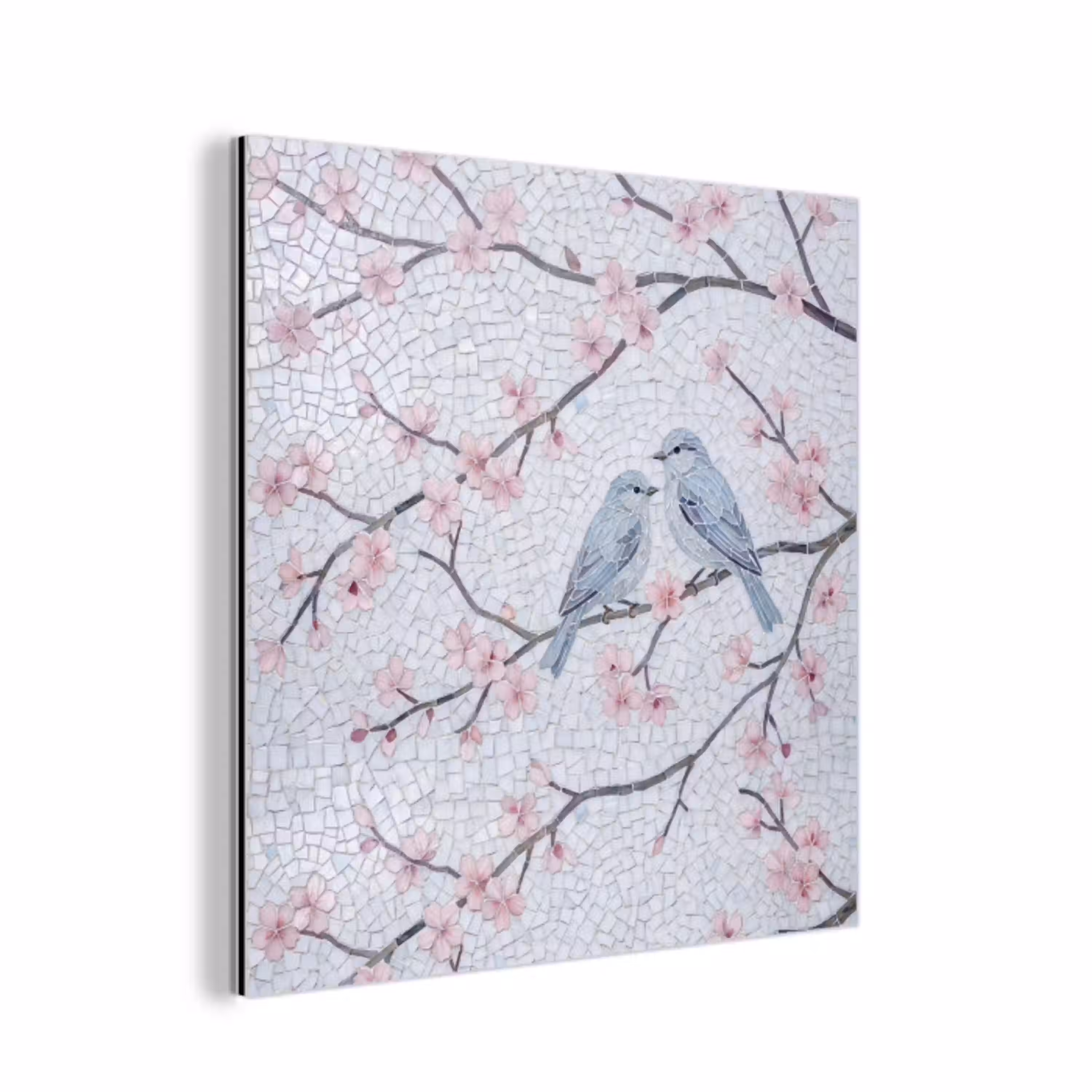 Vogel - Bloemen - Natuur - Mozaïek - Roze aluminium wit klein -3d