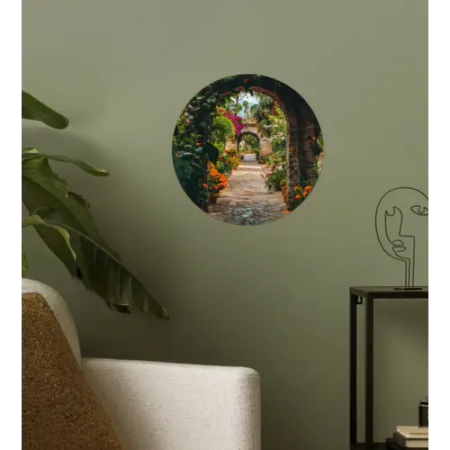 Doorkijk - Bloemen - Poort - Stenen Wandcirkel behangsticker klein -sfeer2