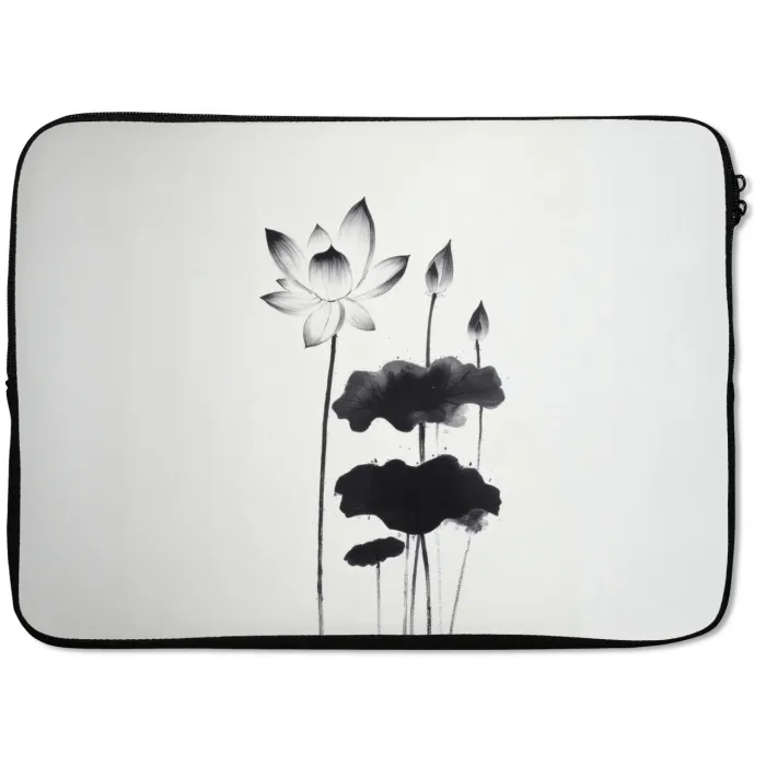 Bladeren - Zwart - Lotusbloem - Minimalitisch laptophoes neopreen klein -zkaufland3dotto