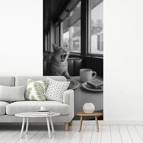 Kat - Koffie - Brood - Zwart fotobehang vinyl groot -woonkamer
