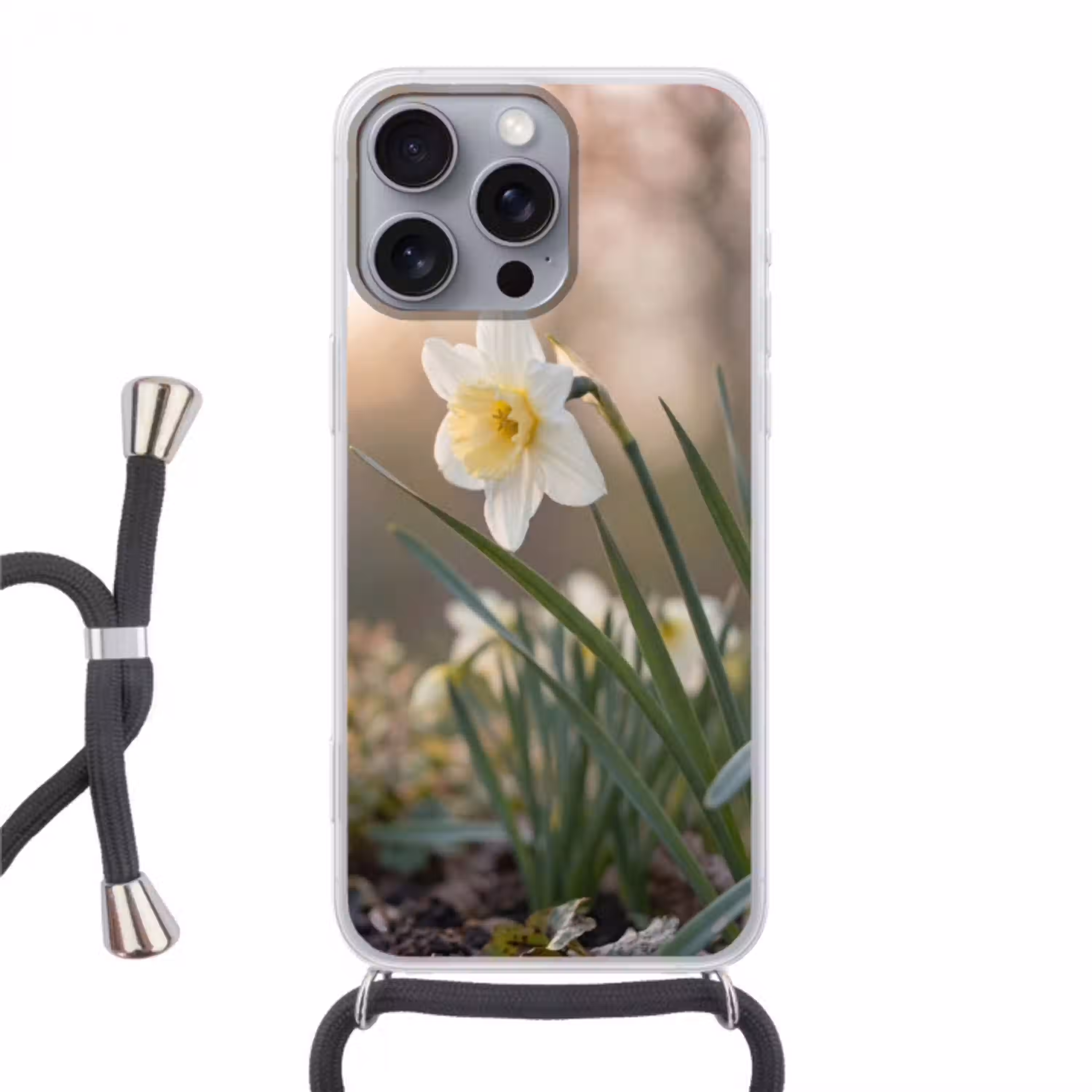 Narcis - Bloem - Minimalistisch Hoesje iPhone 16 Pro Max met koord klein -3d