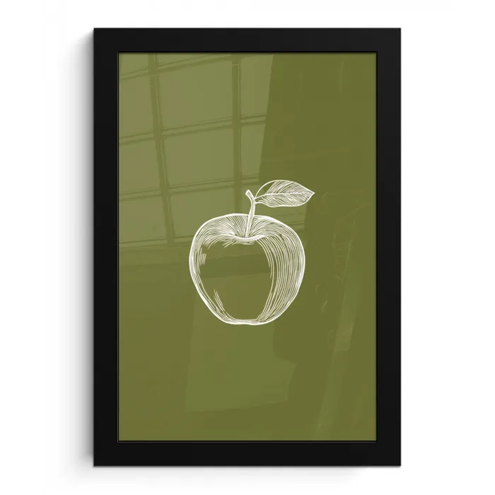 Lijntekening - Appel - Olijfgroen - Blaadje fotolijst zwart zonder passe partout klein -3d