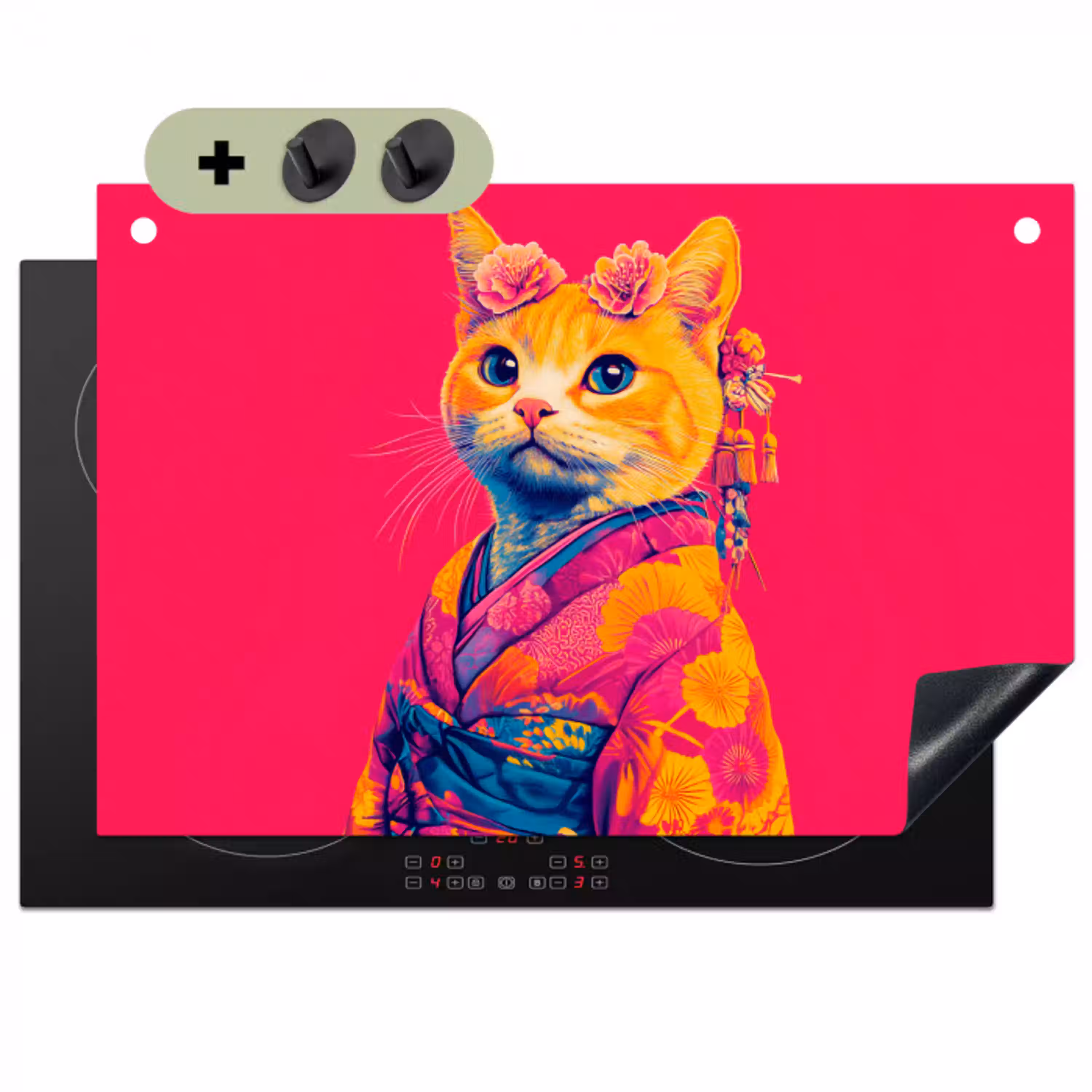 Kat - Kimono - Bloemen - Roze Inductie beschemer met haakjes klein -3d