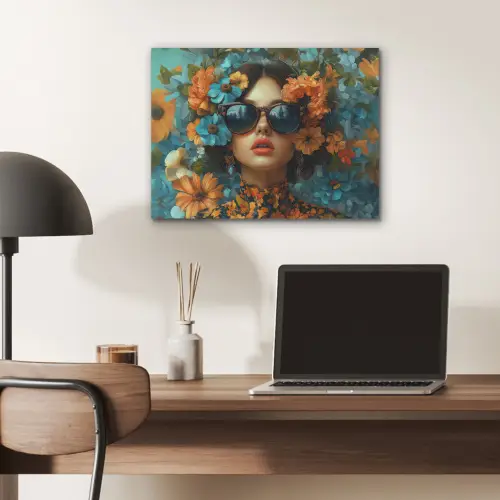 Vrouw - Bloemen - Oranje - Blauw - Modern PET vilt klein -sfeer5