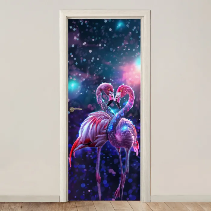 Flamingo's - Dieren - Ruimte - Galaxy deurposter klein -3d_beige