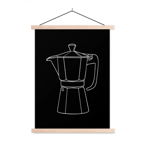 Mokkapot - Zwart - Wit - Lijntekening textielposter latten blank klein -3d