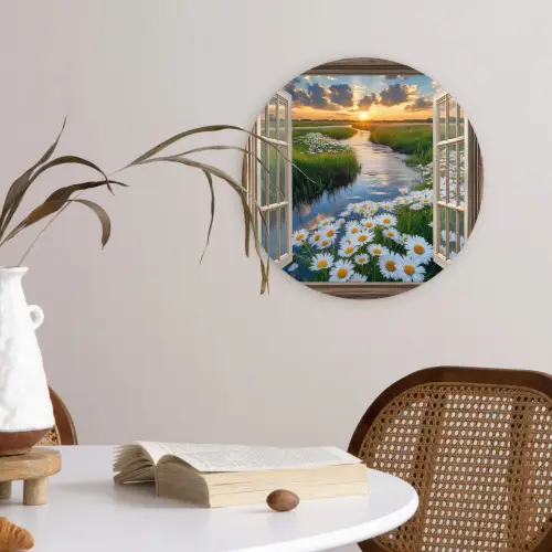 Doorkijk - Landschap - Raam - Water - Zonsondergang Wandcirkel plexiglas klein -sfeer4