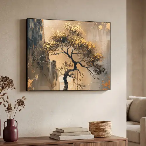 Boom - Goud - Landschap - Verf Textielframe zwart klein -sfeer3