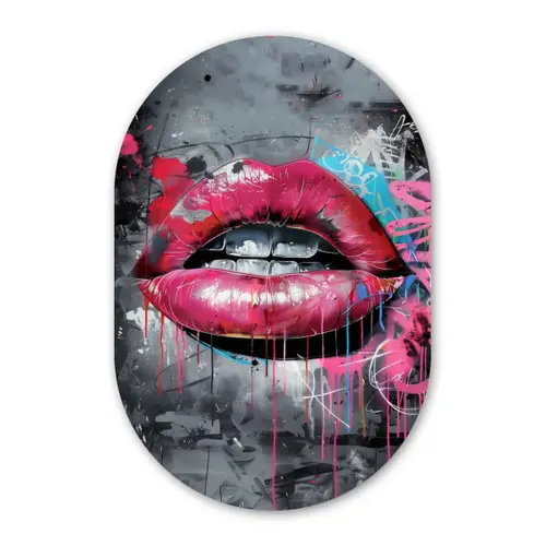 Lippen - Felroze - Graffiti - Verfstrepen Wandcirkel Ovaal Glas middel -3d
