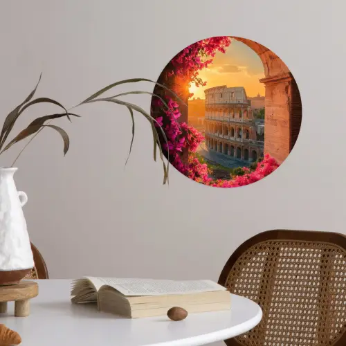 Colosseum - Rome - Roze Bloemen Wandcirkel behangsticker klein -sfeer3