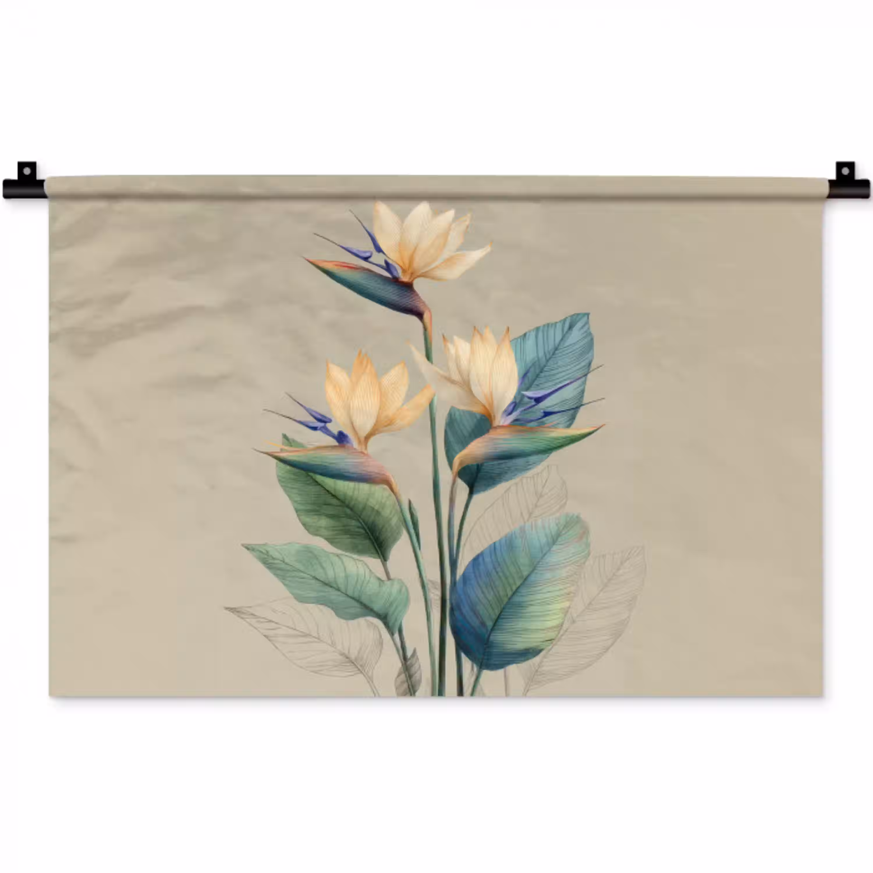 Paradijsvogelbloemen - Blauwgroene bladeren - Beige Wandkleed katoen klein -zz3d
