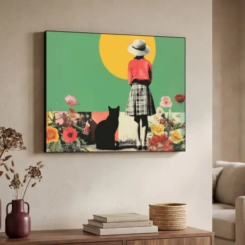 Retro - Meisje - Kat - Zon Textielframe zwart klein -sfeer3