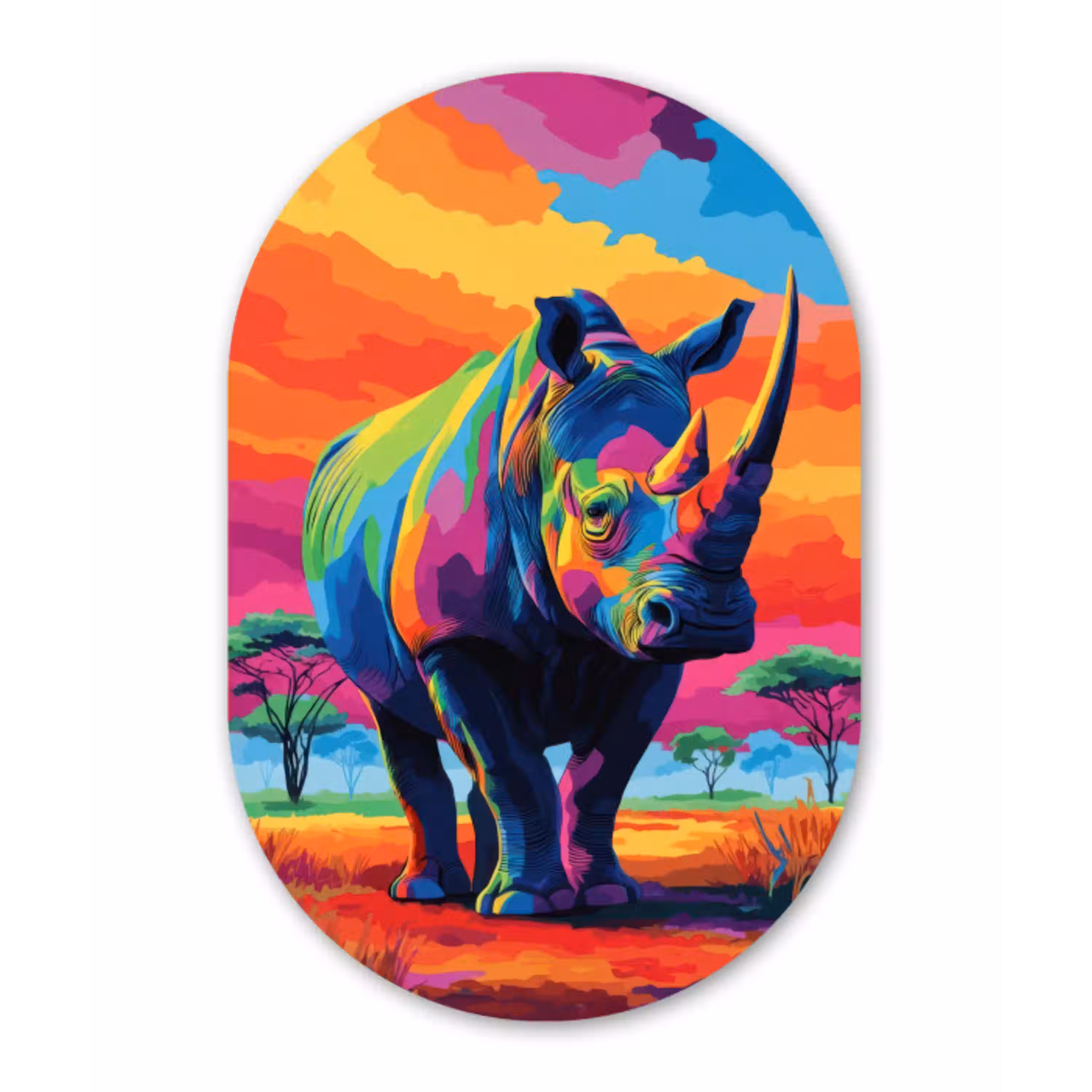 Neushoorn - Zonsondergang - Savanna - Kleurrijk Wandcirkel Ovaal Glas middel -3d