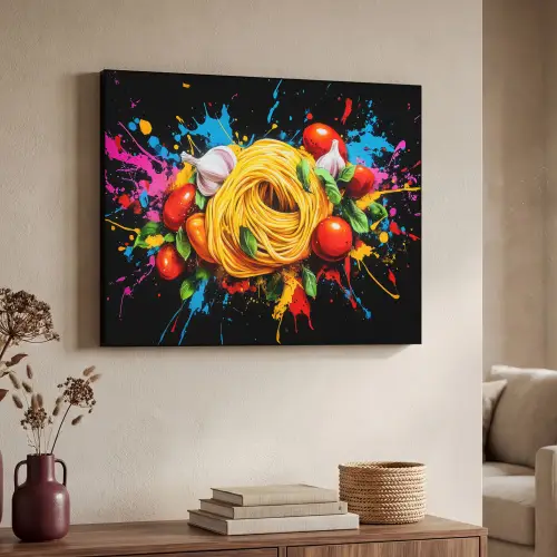 Spaghetti - Graffiti - Verf - Kleurrijk - Eten - Modern Textielframe zwart klein -sfeer3
