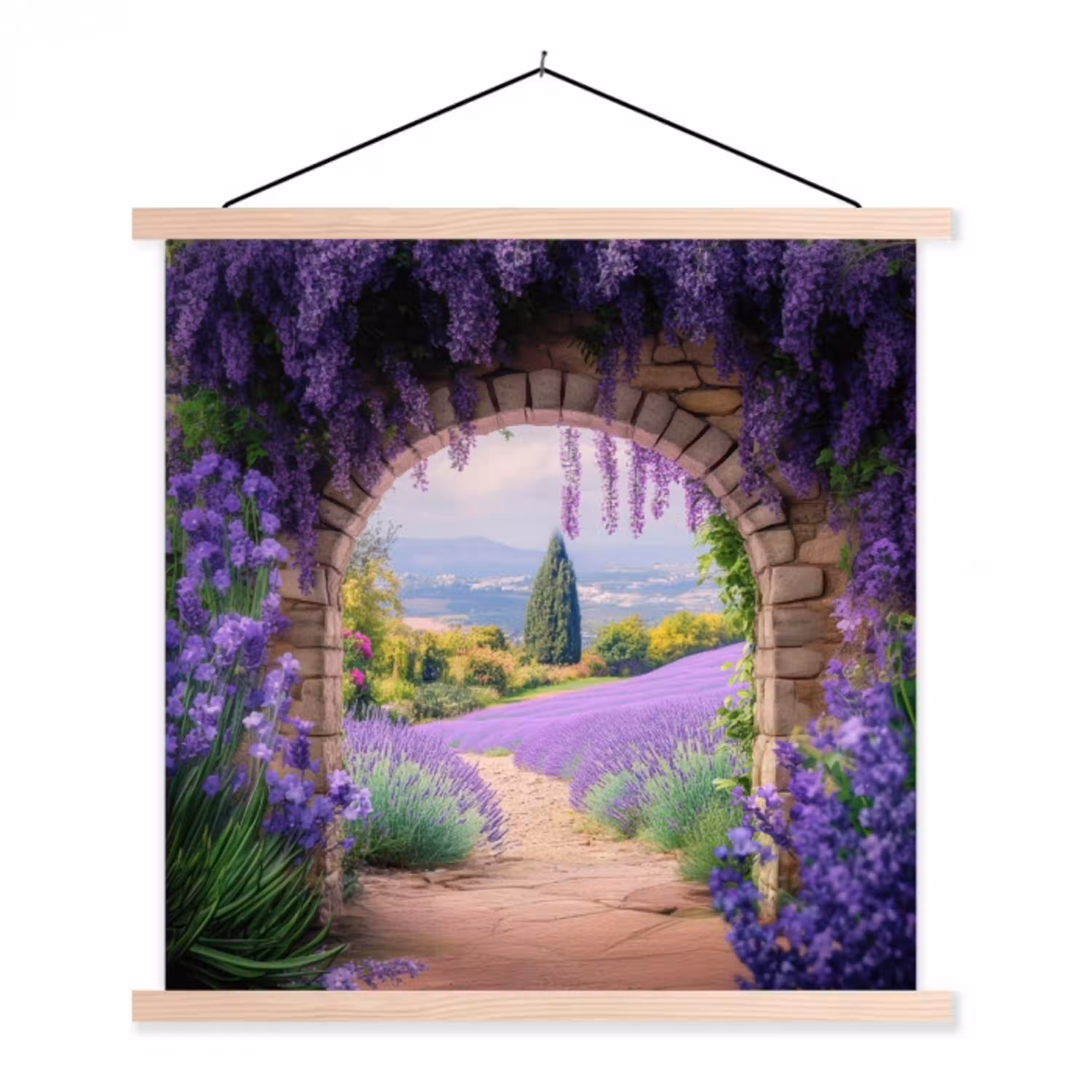 Doorkijk - Lavendel - Bloemen - Paars - Poort textielposter latten blank klein -3d