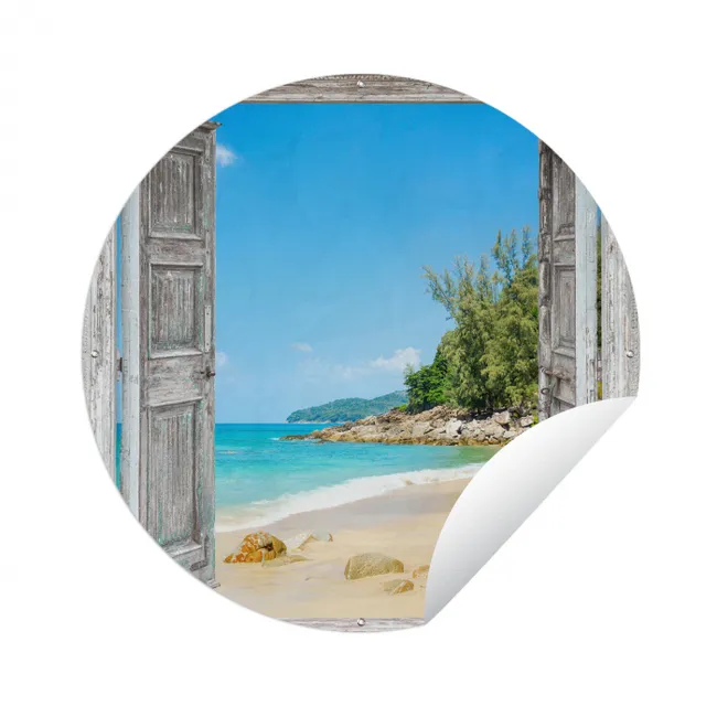 Strand - Doorkijk - zomer - Tropisch Wandcirkel tuinposter met ringen klein -3d