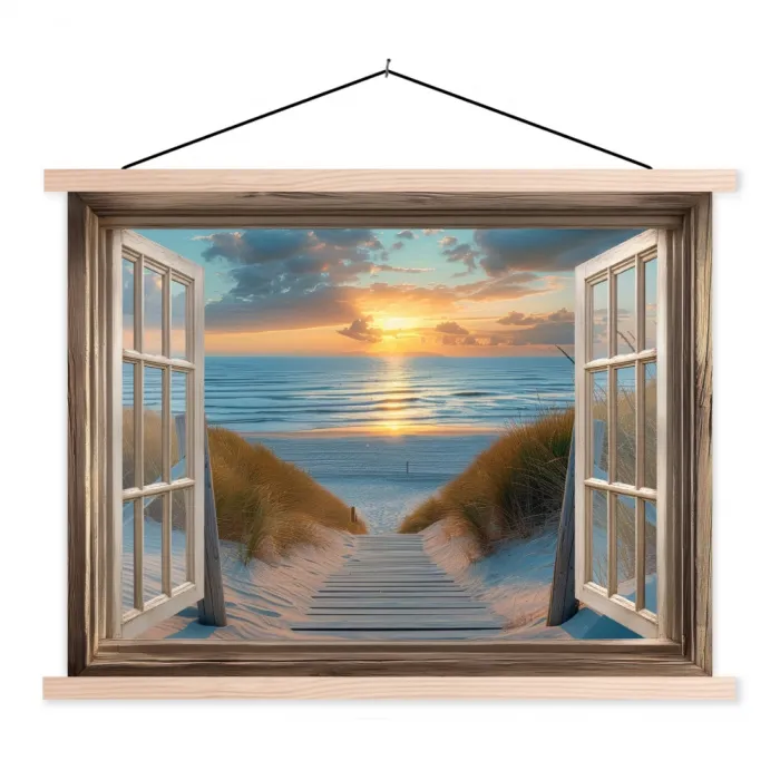 Doorkijk - Strand - Pad - Zonsondergang textielposter latten blank klein -3d