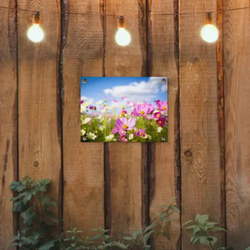 Bloemen - Wei - Paars - Gras - Wit - Wolken - Blauw tuinposter los doek klein -sfeer1