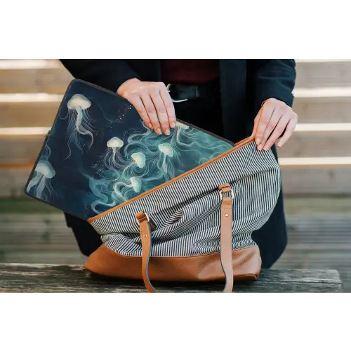 Kwallen - Zee - Wit - Golven laptophoes neopreen klein -tas