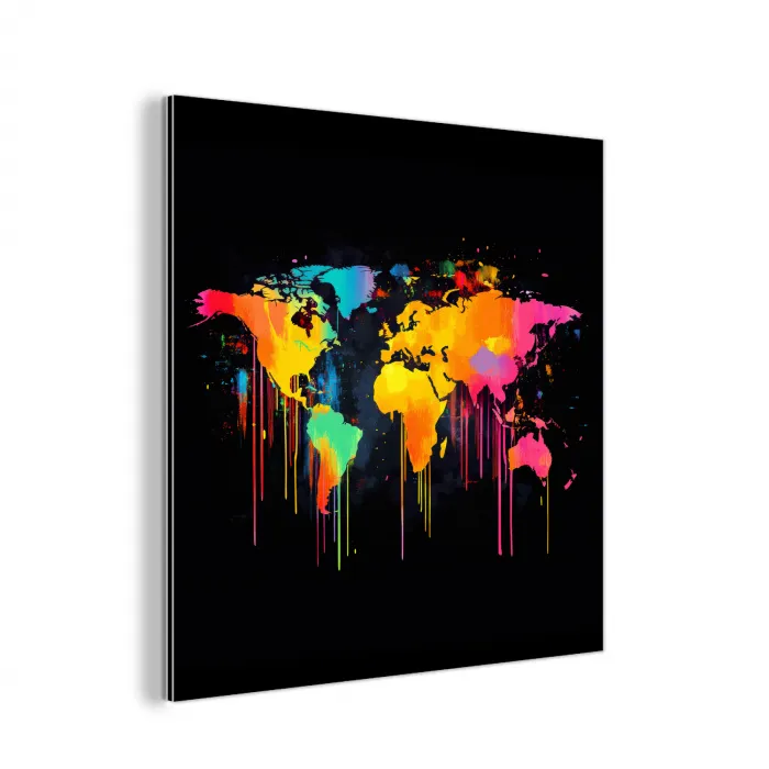 Wereldkaart - Verf - Kleurrijk - Graffiti - Wereld aluminium wit klein -3d